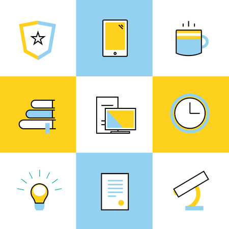 Education vector icons. Scool or university vector icons sign. Clock, books and diploma, students, computer, microscope icon. Education symbols, logo, iconsのイラスト素材