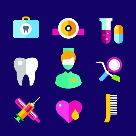 Dental vector icons set. Dentist clinic icons logo. Vector tooth, heart, pills, health care, tooth care, oral hygiene, tooth logo, toothbrush. Dentist clinic doctor office tools. Tooth halth care tools iconsのイラスト素材