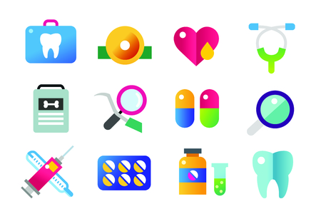 Medicine vector icons set. Doctors tools for health care. Medic first help, hospital tools icons. Vector helthcare icons set. Heart, doctor, tooth icon, medicine, pills, health and medical. Health medical elementsのイラスト素材