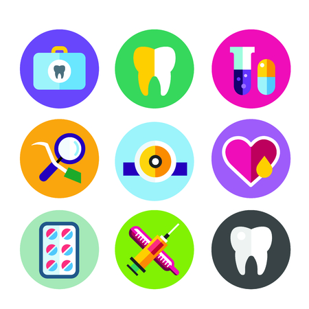 Dental vector icons set. Dentist clinic icons logo. Vector tooth, heart, pills, health care, tooth care, oral hygiene, tooth logo, toothbrush. Dentist clinic doctor office tools. Tooth halth care tools iconsのイラスト素材