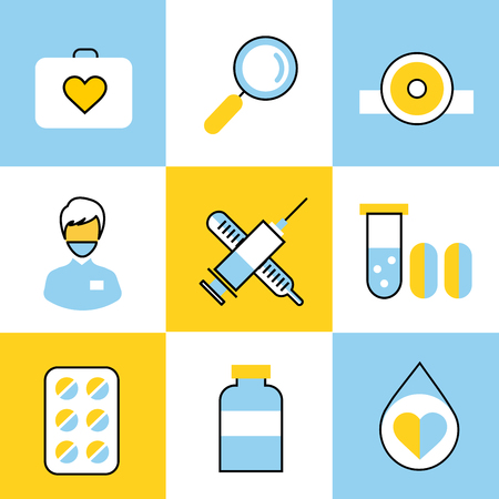 Medicine vector icons set. Doctors tools for health care. Medic first help, hospital tools icons. Vector helthcare icons set. Heart, doctor, tooth icon, medicine, pills, health and medical. Health medical elementsのイラスト素材