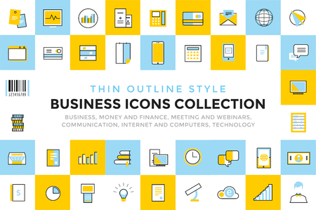 Business vector icons set bundle. Communication vector icons set. Communication sign and communication symbols. Business icons - computer, mobile phone and calcalator, money, finance, globe earth, book, barcode, chartのイラスト素材