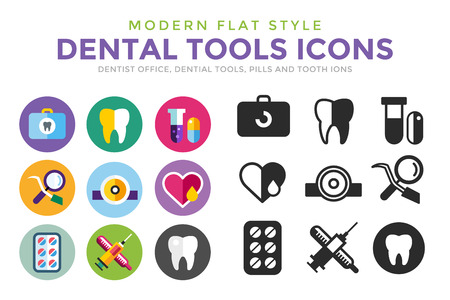 Dental vector icons set. Dentist clinic icons logo. Vector tooth, heart, pills, health care, tooth care, oral hygiene, tooth logo, toothbrush. Dentist clinic doctor office tools. Tooth halth care tools iconsのイラスト素材