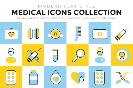 Medicine vector icons set. Doctors tools for health care. Medic first help, hospital tools icons. Vector helthcare icons set. Heart, doctor, tooth icon, medicine, pills, health and medical. Health medical elementsのイラスト素材