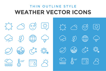 Weather icons outline set. Moon, sky, wind cloud, umbrella and wind. Calendar logo and weather forecast, snowflake, globe. Weather app buttons. Weather icons set. Weather symbols vector iconsのイラスト素材