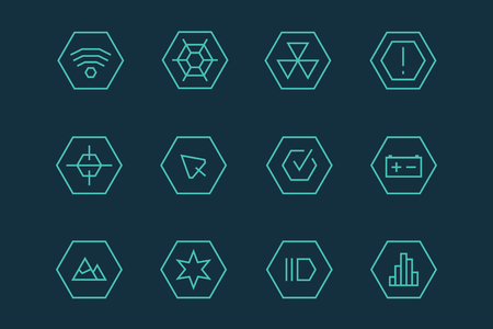 Outline vector UI technology icons set. Web net vector ui hud gui user interface for web and mobile. Application, web interface, GUI interface, UI interface icons, HUD web interface icons. Simple flat web iconsのイラスト素材