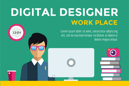 Designer at workplace vector silhouette. Designer boy work infographic. People at work. Creative office life. People in action. Computer, table, books, clock, coffee cup. Digital designer silhouetteのイラスト素材