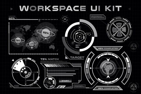 UI hud infographic interface web elements. Futuristic space thin HUD user interface. Web UI interface elements, UI elements, UI design, UI vector icons. Game target navigation interface hud ui designのイラスト素材