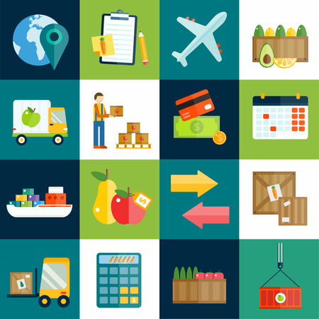 Import export fruits and vegetables delivery vector icons set. Vector flat icons infographic. Colorful modern design flat icons, import export symbols, delivery, shipping,  plain, fruits logistics. Delivery vector iconsのイラスト素材