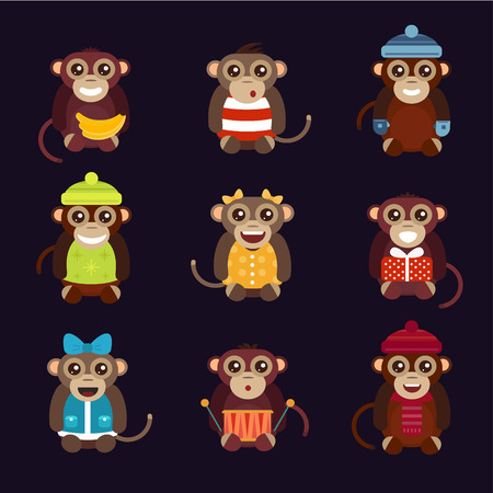 Happy cartoon vector christmas monkey toys dancing party birthday background. Monkey party birthday dance. Merry christmas monkey toys, monkey vector, banana, jump, smile, monkey play. Vector monkey animals cartoon flat styleのイラスト素材