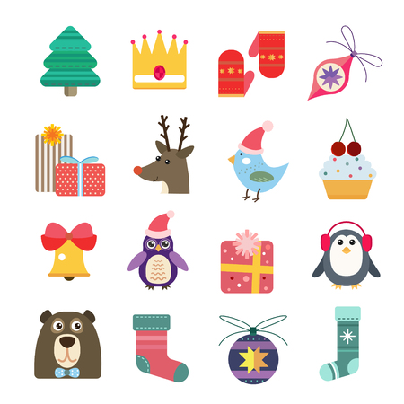 Christmas vector icons set. Christmas tree, Christmas ball, Christmas letter, Christmas birds, Christmas cake. Christmas Gift, socks, ball, snowflake, Christmas Decoration symbols. 2016 New Year iconsのイラスト素材