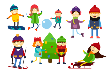 Winter holidays background. Christmas kids playing winter games. Skating, skiing, sledding, girl dresses up Christmas tree, boy makes a snow man, children playing snowballs. Cartoon New Year kids vector collectionのイラスト素材