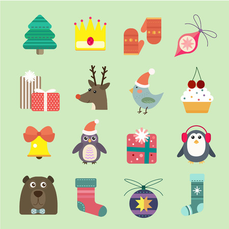 Christmas vector icons set. Christmas tree, Christmas ball, Christmas letter, Christmas birds, Christmas cake. Christmas Gift, socks, ball, snowflake, Christmas Decoration symbols. 2016 New Year iconsのイラスト素材