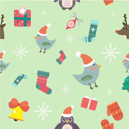 Christmas vector seamless pattern background icons set. Christmas tree, Christmas ball, Christmas bird, Christmas Tree, Christmas socks. Christmas Gift, balls, toys, snowflake, Christmas Decoration symbols. 2016 New Year iconsのイラスト素材