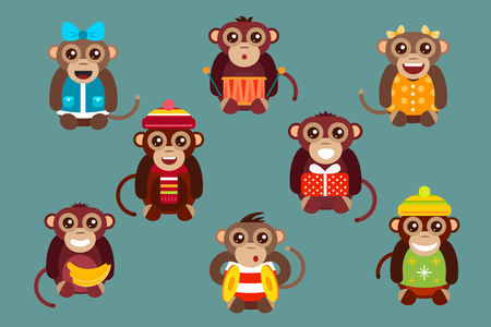 Happy cartoon vector christmas monkey toys dancing party birthday background. Monkey party birthday dance. Merry christmas monkey toys, monkey vector, banana, jump, smile, monkey play. Vector monkey animals cartoon flat styleのイラスト素材