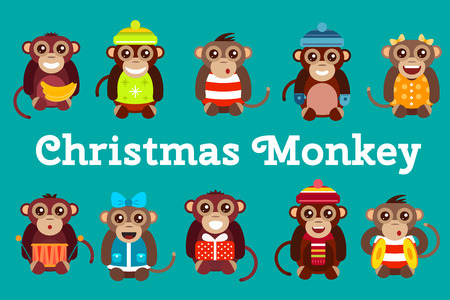 Happy cartoon vector christmas monkey toys dancing party birthday background. Monkey party birthday dance. Merry christmas monkey toys, monkey vector, banana, jump, smile, monkey play. Vector monkey animals cartoon flat styleのイラスト素材