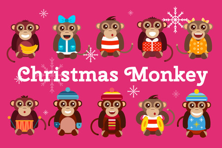 Happy cartoon vector christmas monkey toys dancing party birthday background. Monkey party birthday dance. Merry christmas monkey toys, monkey vector, banana, jump, smile, monkey play. Vector monkey animals cartoon flat styleのイラスト素材