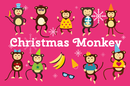 Happy cartoon vector christmas monkey toys dancing party birthday background. Monkey party birthday dance. Merry christmas monkey toys, monkey vector, banana, jump, smile, monkey play. Vector monkey animals cartoon flat styleのイラスト素材