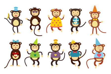 Happy cartoon vector christmas monkey toys dancing party birthday background. Monkey party birthday dance. Merry christmas monkey toys, monkey vector, banana, jump, smile, monkey play. Vector monkey animals cartoon flat styleのイラスト素材