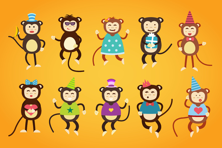 Happy cartoon vector christmas monkey toys dancing party birthday background. Monkey party birthday dance. Merry christmas monkey toys, monkey vector, banana, jump, smile, monkey play. Vector monkey animals cartoon flat styleのイラスト素材