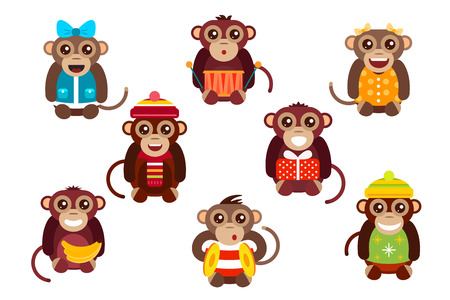 Happy cartoon vector christmas monkey toys dancing party birthday background. Monkey party birthday dance. Merry christmas monkey toys, monkey vector, banana, jump, smile, monkey play. Vector monkey animals cartoon flat styleのイラスト素材