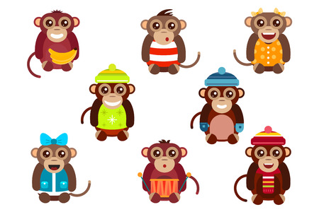 Happy cartoon vector christmas monkey toys dancing party birthday background. Monkey party birthday dance. Merry christmas monkey toys, monkey vector, banana, jump, smile, monkey play. Vector monkey animals cartoon flat styleのイラスト素材