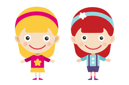 Redhead and blonde cartoon vector girls in different costumes. Girls characters countries of the world, dress girls in national costumes. Vector cartoon girls. Kid girls isolated. Children vector people. Vector kids, teens, girls silhouetteのイラスト素材