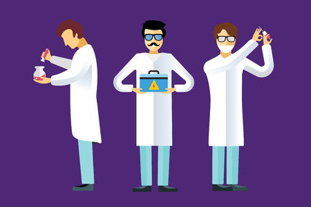 Science laboratory vector people set. People in laboratory isolated silhouette. Chemist, Medical Doctor, Scientist laboratory, science, research, biologist, lab, test, flask icons vector illustrationのイラスト素材