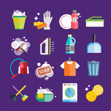 Cleaning icons vector set. Icons of clean service and cleaning tools. Housework cleaning icons vector set. Home clean, sponge icon, broom icon, bucket icon, mop icon, cleaning brush vector iconのイラスト素材