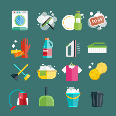 Cleaning icons vector set. Icons of clean service and cleaning tools. Housework cleaning icons vector set. Home clean, sponge icon, broom icon, bucket icon, mop icon, cleaning brush vector iconのイラスト素材