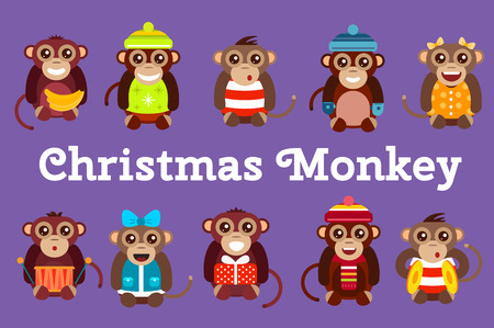 Happy cartoon vector christmas monkey toys dancing party birthday background. Monkey party birthday dance. Merry christmas monkey toys, monkey vector, banana, jump, smile, monkey play. Vector monkey animals cartoon flat styleのイラスト素材