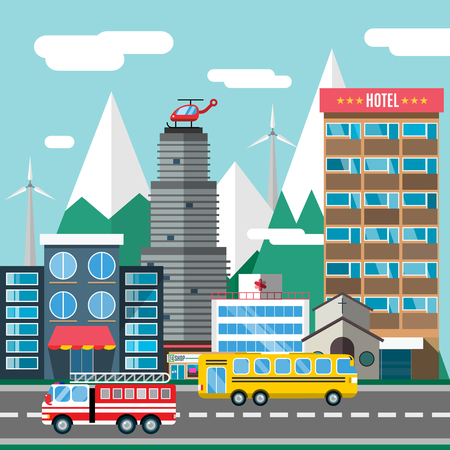 Buildings and city transport flat style illustration. Flat design city downtown background. Roads and city buildings, sky and mountains. Architecture small town market, hospital, church, shop, bus, fire truck, helicopterのイラスト素材