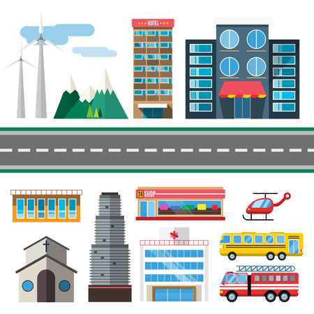 Buildings and city transport flat style illustration. Flat design city downtown background. Roads and city buildings, sky and mountains. Architecture small town market, hospital, church, shop, bus, fire truck, helicopterのイラスト素材