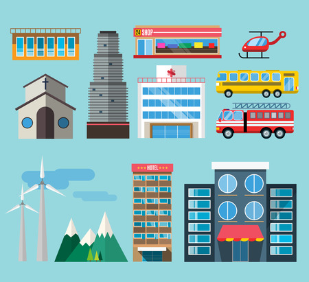 Buildings and city transport flat style illustration. Flat design city downtown background. Roads and city buildings, sky and mountains. Architecture small town market, hospital, church, shop, bus, fire truck, helicopterのイラスト素材