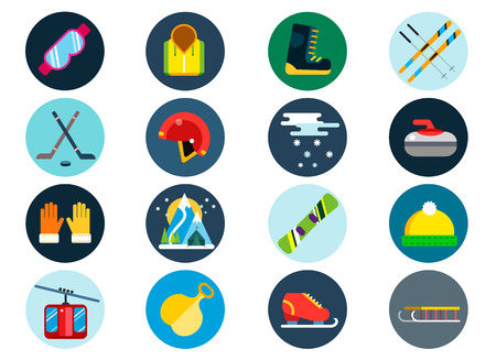 Winter sport vector icons set. Winter sport games icons pictograms. Winter sports icons flat design. Winter games sport icons isolated. Ski, sport, extreme sports, winter games, sport icons, snowboarding, winter clothesのイラスト素材