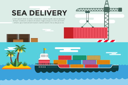 Vector transportation concept illustration. Sea shipping in dock terminal. Crane, box, sea, ship, delivery. Transport ship sea view. Sea delivery ship with crane,  boxes, port station. Global delivery ship conceptのイラスト素材