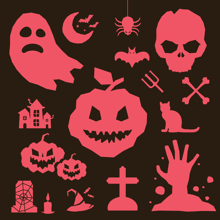 Halloween vector icons set. Pumpkin head, witch broom, candy halloween hat. Black halloween icons set, halloween silhouette for halloween party design. Halloween night, ghost, black cat, zombieのイラスト素材