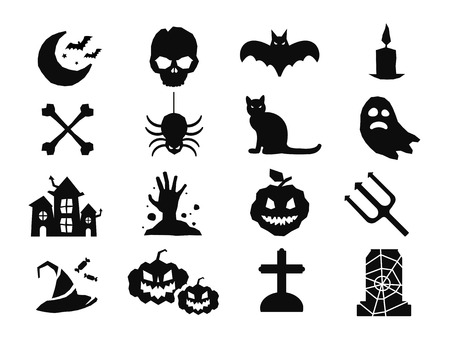 Halloween vector icons set. Pumpkin head, witch broom, candy halloween hat. Black halloween icons set, halloween silhouette for halloween party design. Halloween night, ghost, black cat, zombieのイラスト素材