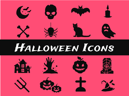 Halloween vector icons set. Pumpkin head, witch broom, candy halloween hat. Black halloween icons set, halloween silhouette for halloween party design. Halloween night, ghost, black cat, zombieのイラスト素材