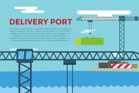 Sea transportation logistic port infographics. Vector transportation concept illustration. Sea shipping dock port terminal. Port, crane, box, sea, ship, delivery. Transport port sea view. Sea delivery port crane,  boxes, port station. Global delivery shipのイラスト素材