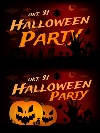 Halloween vector background banners. Pumpkin head, zombie hand, halloween symbols. Halloween silhouette for halloween party flyer invite card design. Halloween night background, ghost, banner, zombieのイラスト素材