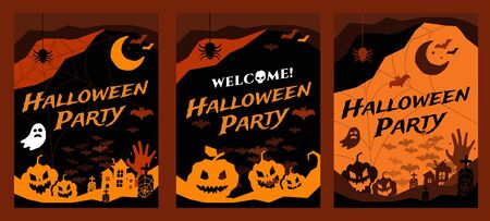 Halloween vector background banners. Pumpkin head, zombie hand, halloween symbols. Halloween silhouette for halloween party flyer invite card design. Halloween night background, ghost, banner, zombieのイラスト素材