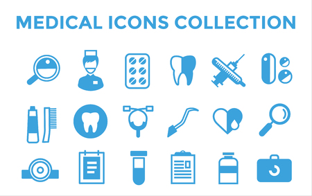 Medicine vector icons set. Doctors tools for health care. Medic first help, hospital tools icons. Vector helthcare icons set. Heart, doctor, tooth icon, medicine, pills, health and medical. Health medical elementsのイラスト素材