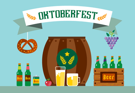 Oktoberfest celebration vector background poster. Oktoberfest vector illustration background text. Beer Oktoberfest German festival vector background. Keg of beer, bottle beer box. Oktoberfest posterのイラスト素材