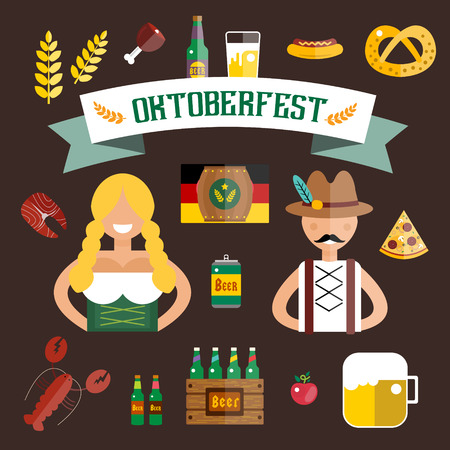 Set of flat Oktoberfest vector icons. Bottle Beer, Food and Drinks. Oktoberfest traditional German Oktoberfest festival icons, flat icons. Oktoberfest vector flat icons set. Food and drinks iconsのイラスト素材