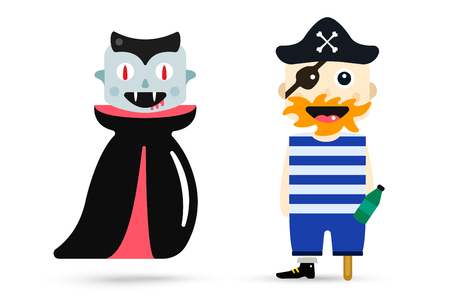 Monster halloween vampire, pirate cartoon characters isolated vector silhouette. Cartoon halloween monster vampire, pirate cartoon flat. Halloween dracula costume character, comic captain. Monster kids costumeのイラスト素材