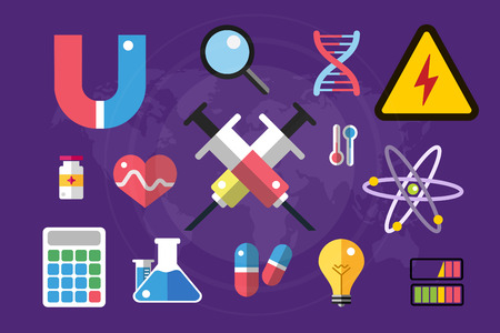 Science lab icons isolated. Science vector icons set. Education, laboratory icon, lab icons, science icons, microscope. Molecular symbols, atom, planet, chemistry vector icons. Technology vector iconsのイラスト素材