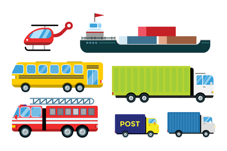 Transport delivery vector trucks isolated on white. Transportation cars, bus, truck, van, fire truck, city cars, helicopter, mini car, van truck. Delivery van vector silhouette. Vector car iconsのイラスト素材
