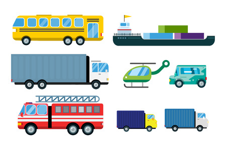 Transport delivery vector trucks isolated on white. Transportation cars, bus, truck, van, fire truck, city cars, helicopter, mini car, van truck. Delivery van vector silhouette. Vector car iconsのイラスト素材