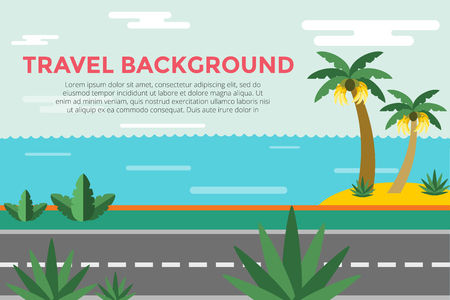 Beautiful colorful summer seascape illustration. Palm and sea beach. Winter vacation time. Gras palm tree sand sky, bananas, green landscape background. Summer view, road, palms and bananas. Exoticのイラスト素材